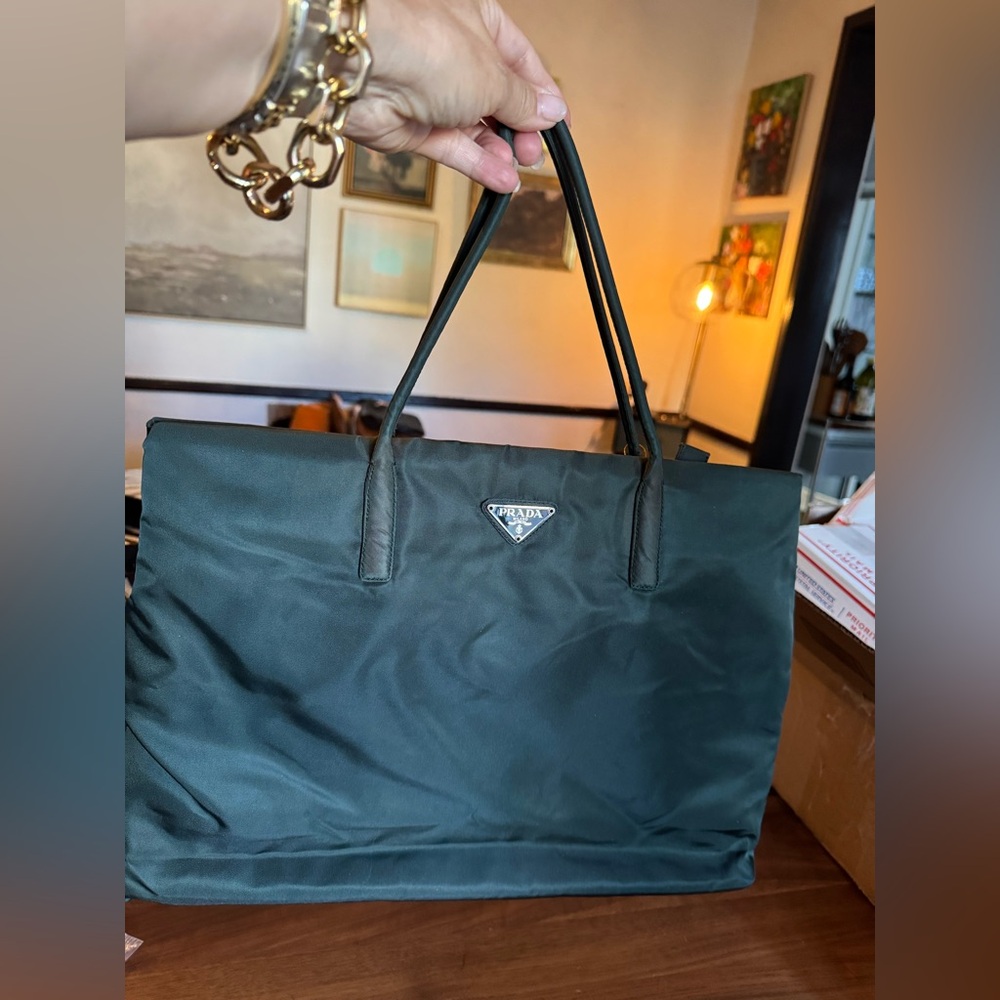 Prada Dark Green Nylon Tote with Triangle Logo